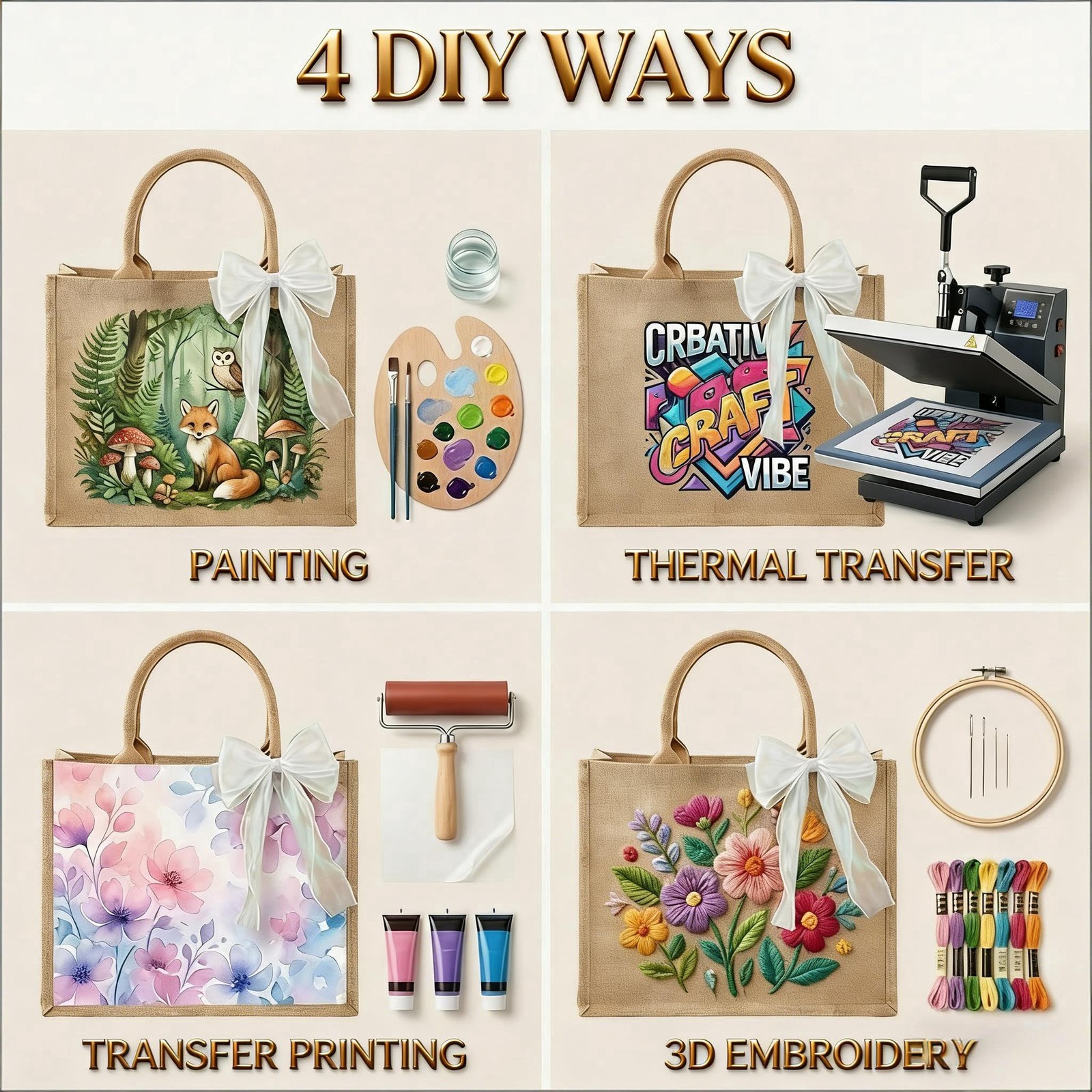 6 PCS Burlap Jute Bridesmaid Tote Bags 15x6x12 Inch PE Lining Organza Bow
