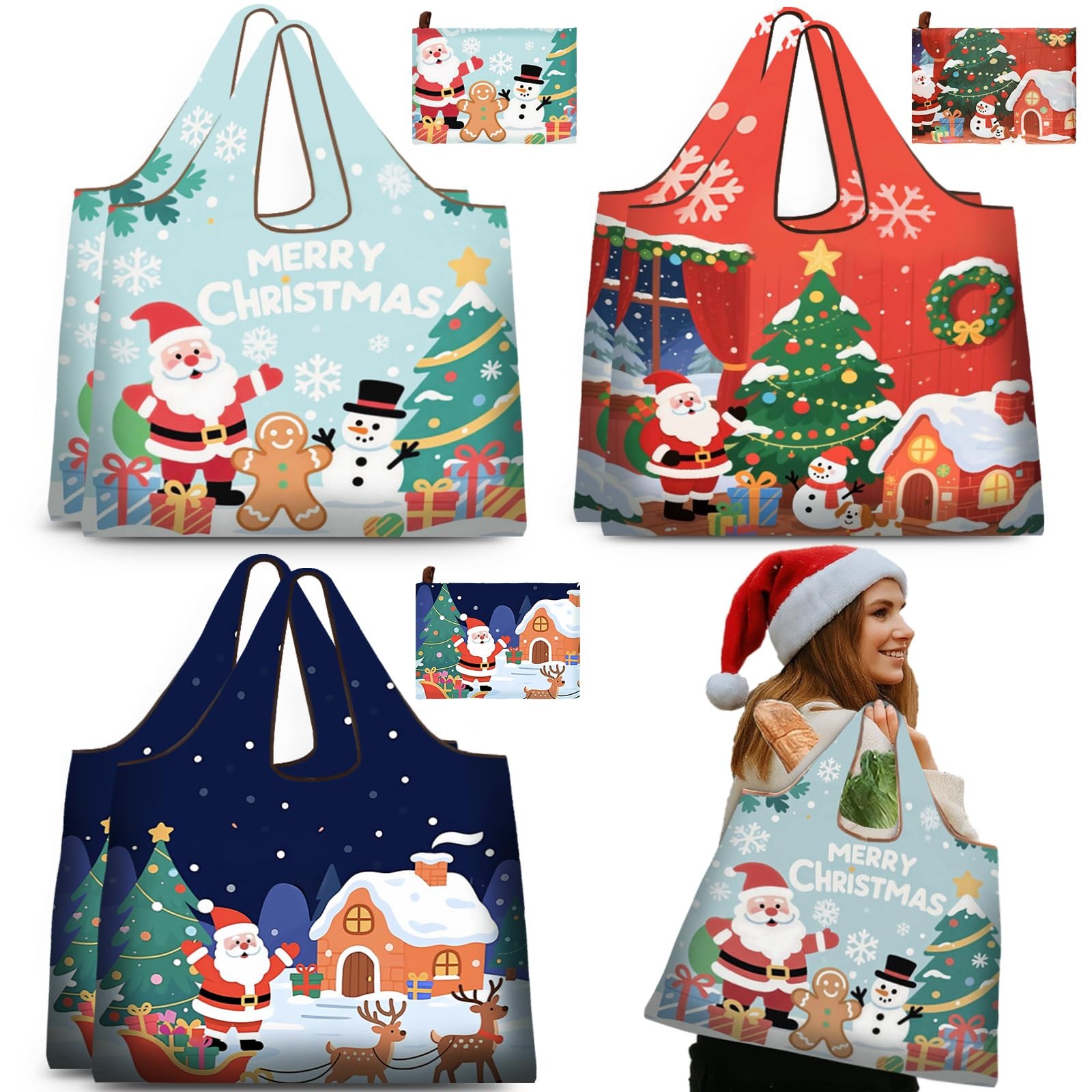 SilTriangle 6 Pcs Extra Large Christmas Reusable Grocery Bags Jumbo Santa Tot…