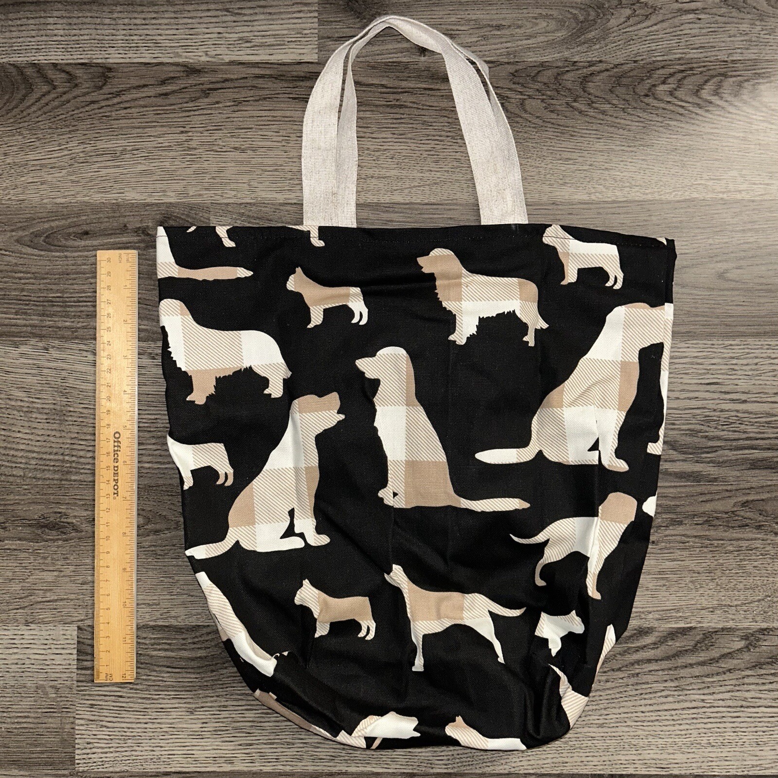 Handmade Embroidered Foldable Reusable Grocery Bag Khaki Plaid Black Dogs