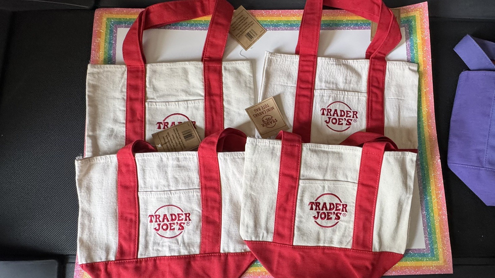 Trader Joe’s Mini Canvas Reusable Tote bags, SET of all 8, Basic and Pastel, NWT