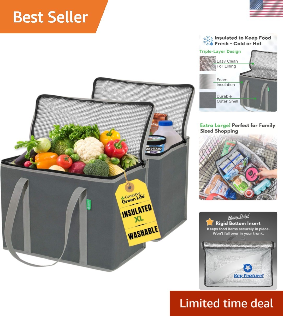 Set of 2 Extra Large Insulated Grocery Bags – Durable, Washable & Space-saving