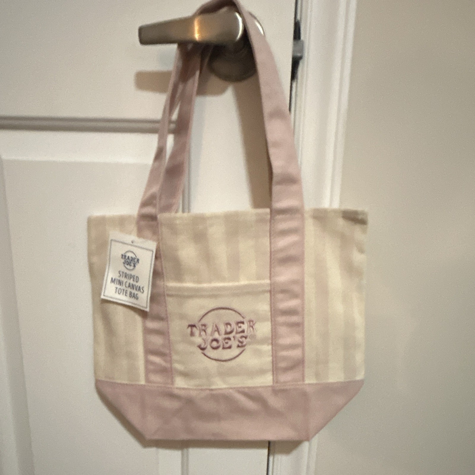 Trader Joe’s Striped Mini Canvas Tote Bag Pink Medium Reusable 12x12x6 in