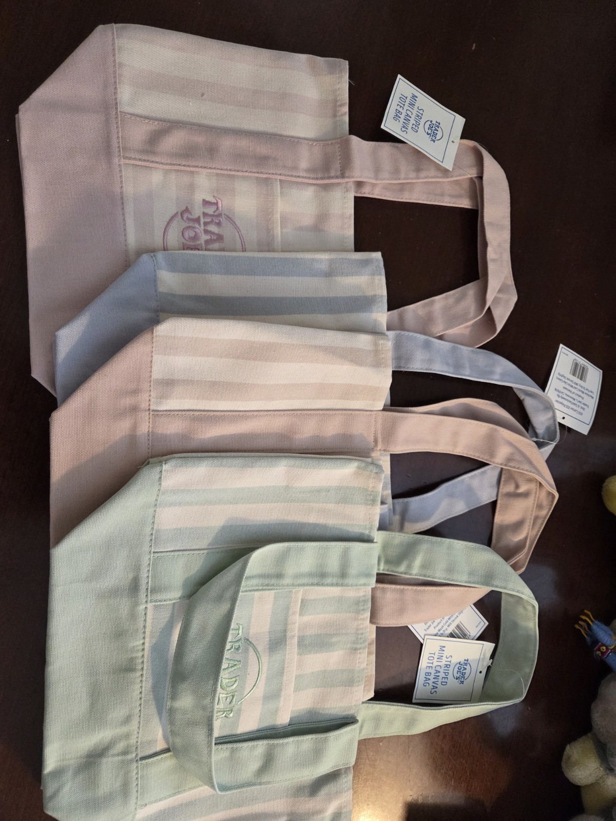 4 x TRADER JOE’S MINI STRIPED BAGS Beige, Blue, Rose & Green NWT