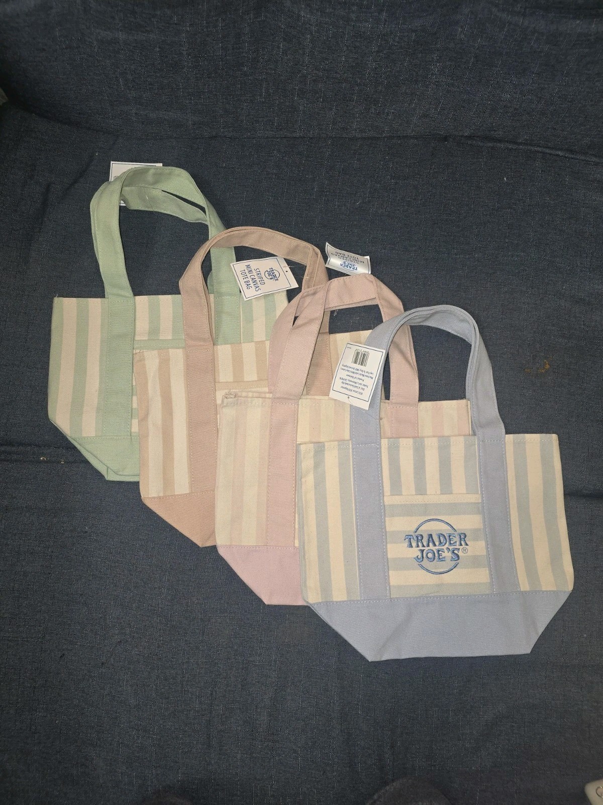 Trader Joe’s Canvas Tote Bags Set of 4 Multicolor Striped Mini 13x10x6 in