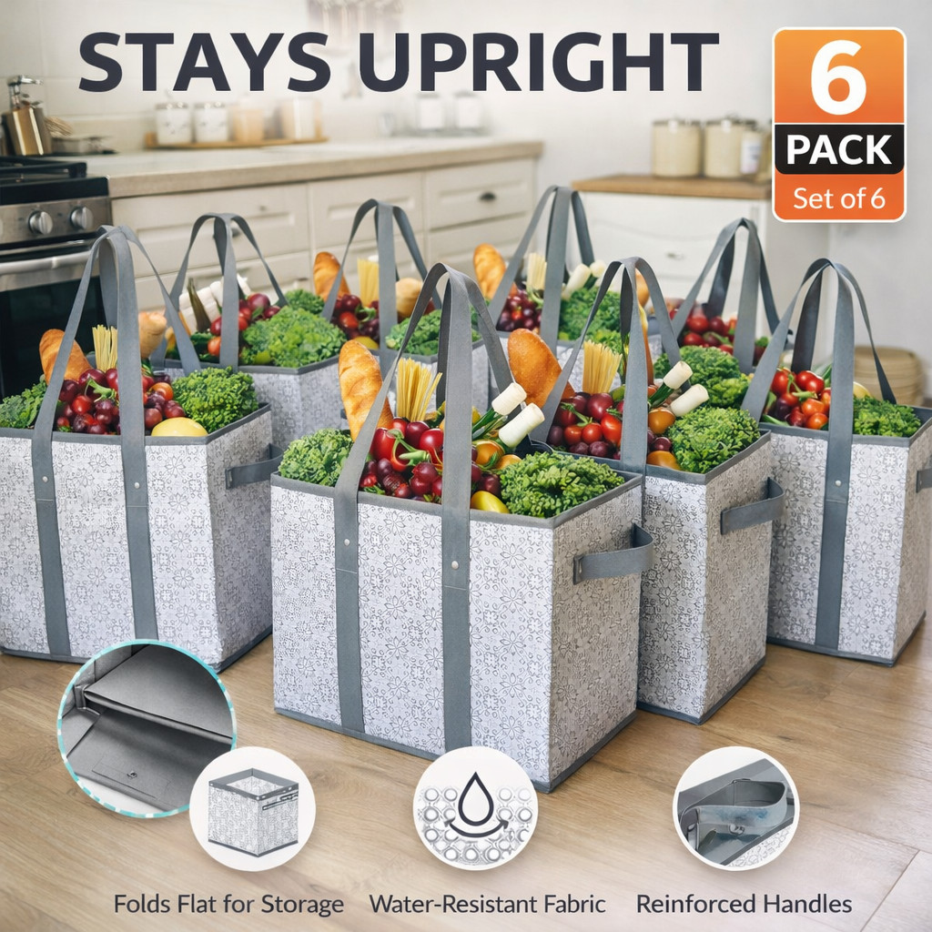 Reusable Grocery Bags 6 Pack Large Collapsible Shopping Tote Box Water Resistant