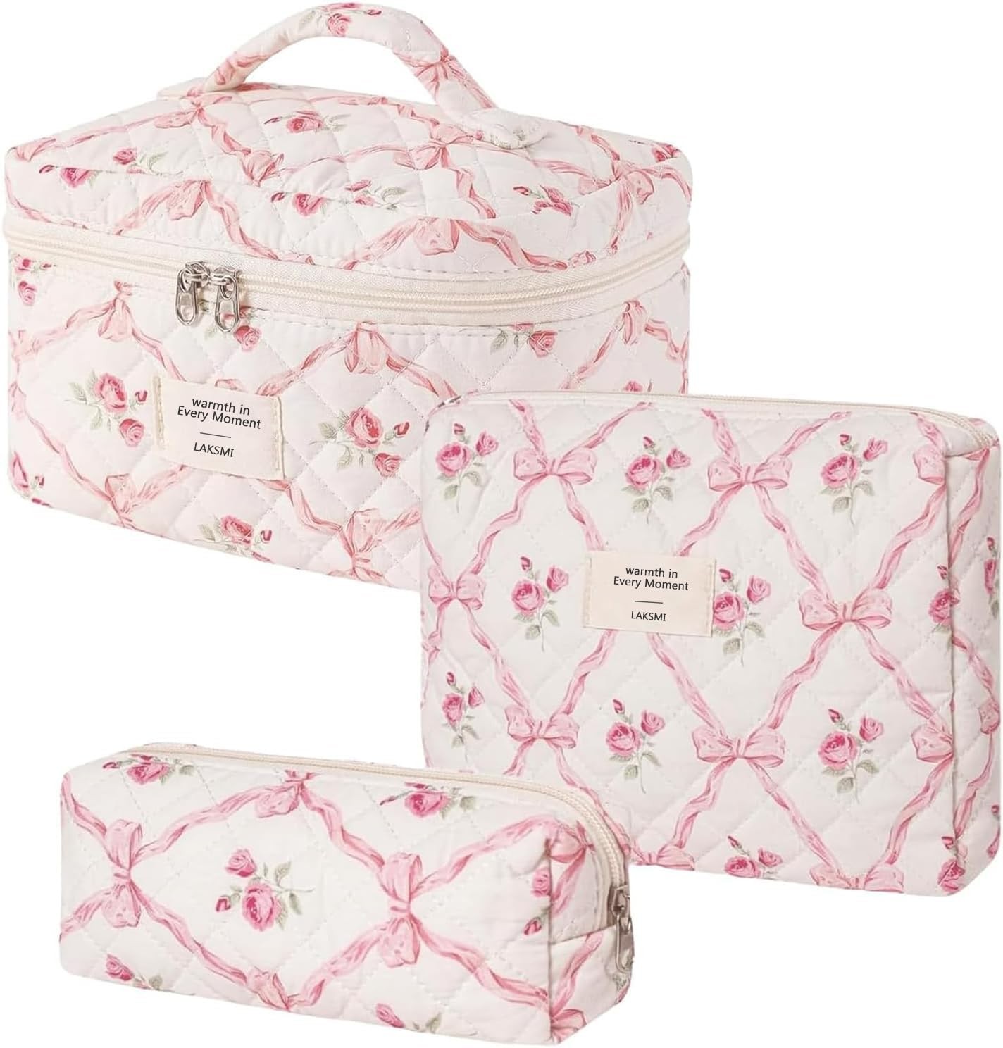 LAKSMI 3PCS Cotton Quilted Floral Makeup Bag Set for Women, Cute Make Up Pink