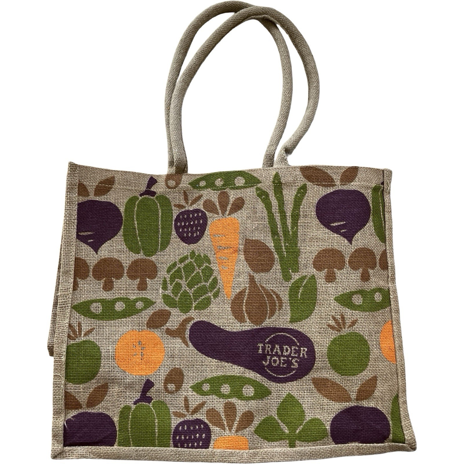 TRADER JOE’S Reusable Jute Burlap Vegetable Eggplant Print Tote Bag 17″x13″x8″
