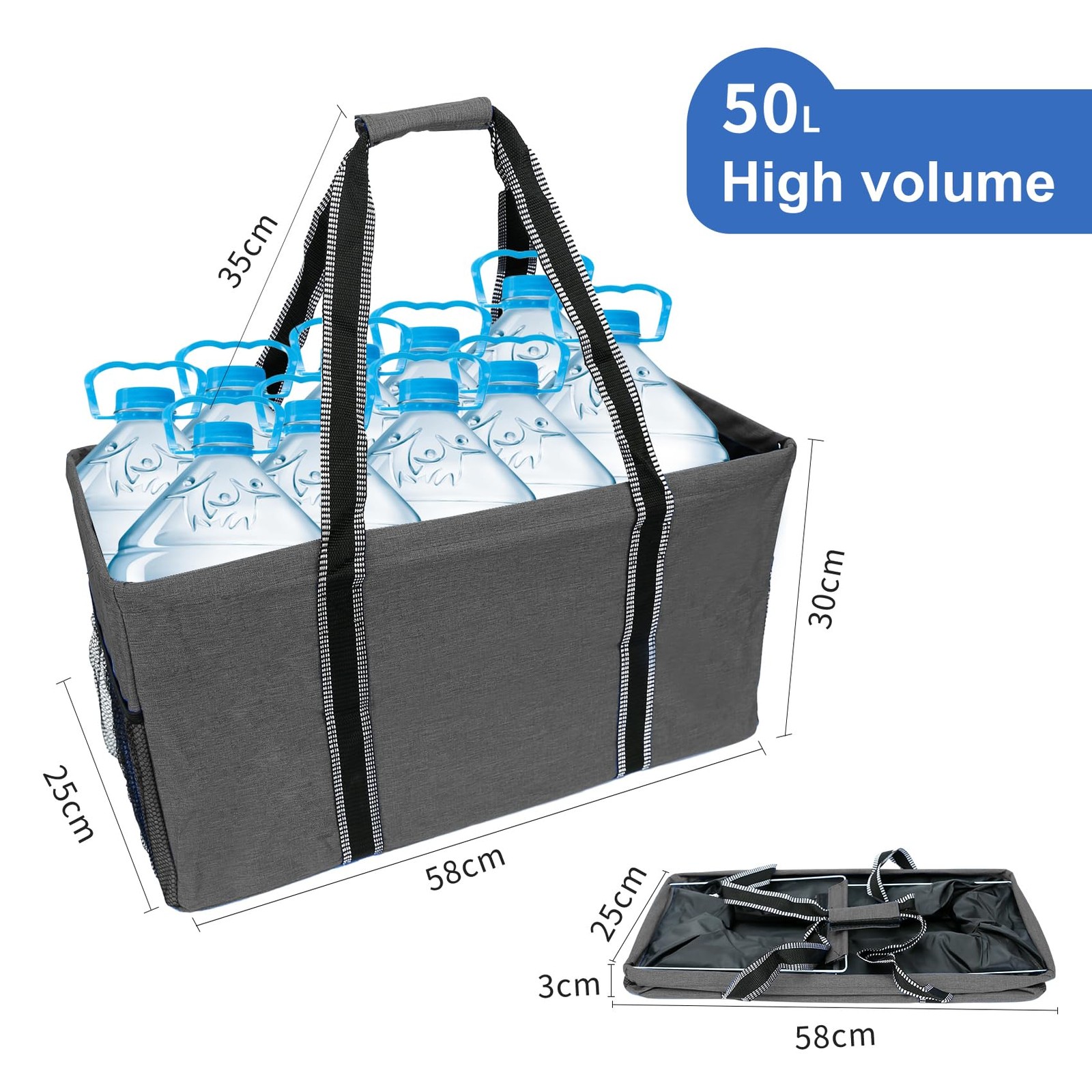 50L Utility Tote Bag Reusable Grocery Shopping Bag with Metal Frame Extra Lar…