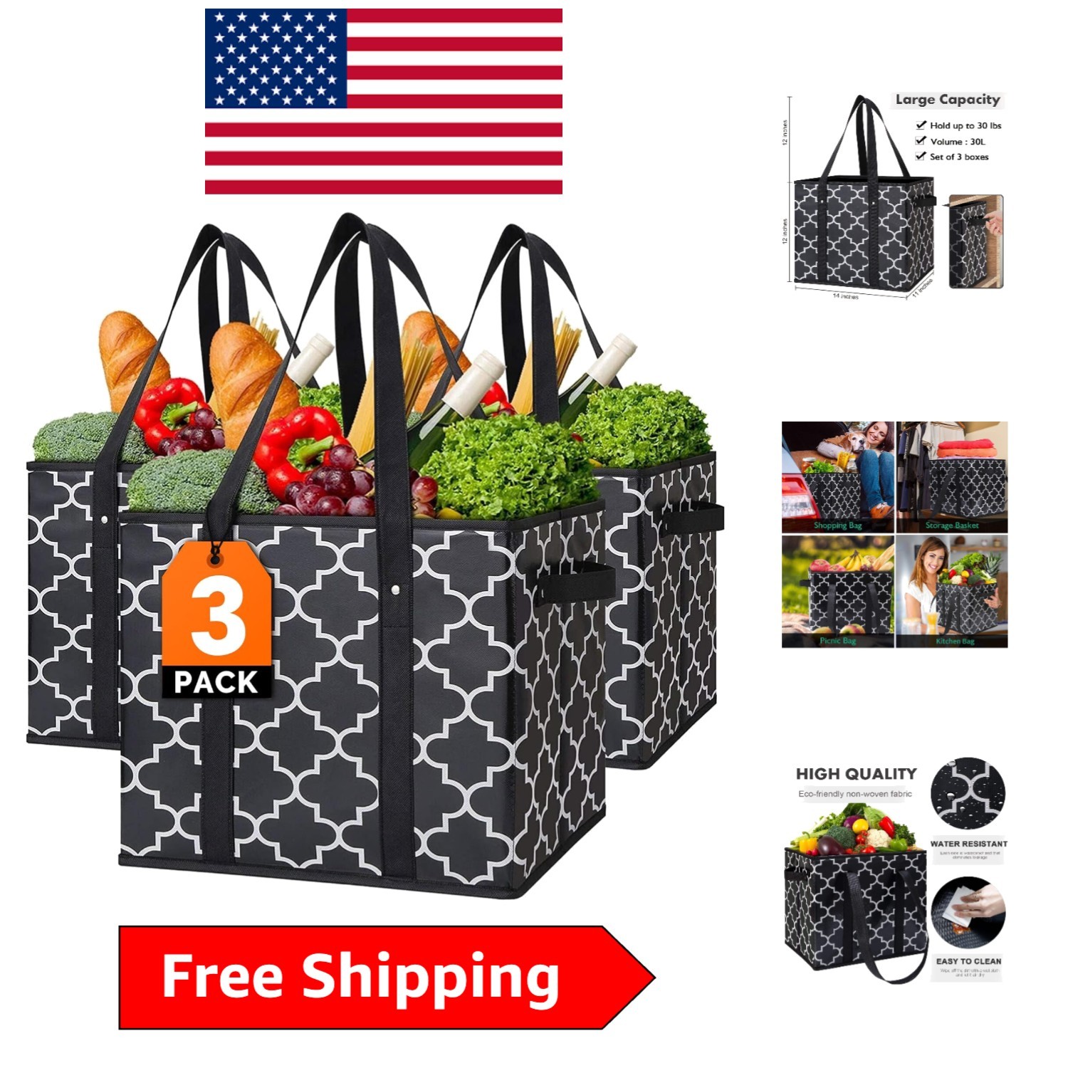 Collapsible Grocery Tote Bags in Stylish Black – 66 Liter Capacity Set of 3