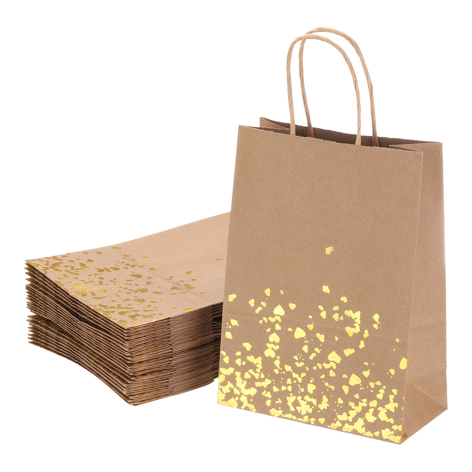 24Pcs Kraft Gift Bags with Handles Bulk, Yellow Gold Heart Party Favor Bags
