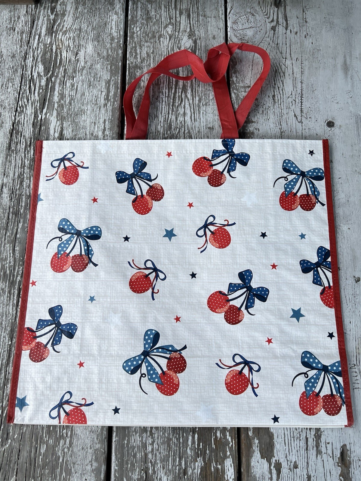 Cherry Red White Blue Shopping Gift Bag Reusable Large Tote Summer USA July 4th
