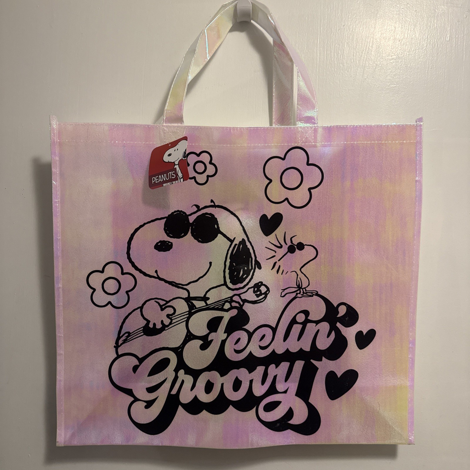 Peanuts Snoopy & Woodstock Feeling Groovy Iridescent Pink Reusable Shopping Bag