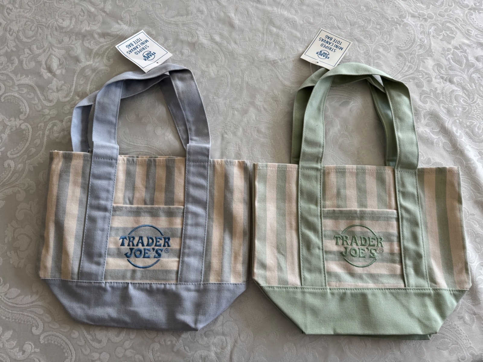 Trader Joe’s, Mini Canvas, Tote Bag, Set Of 2 Blue And Green Striped Summer 2026