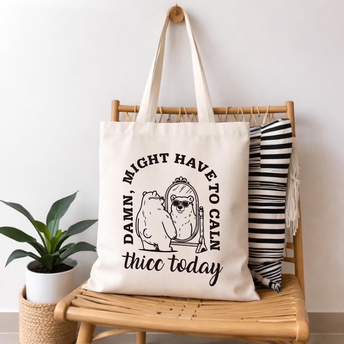 Aesthetic Cute Canvas Bag for Women, Funny Bear Print Tote, Two Sided Printin…