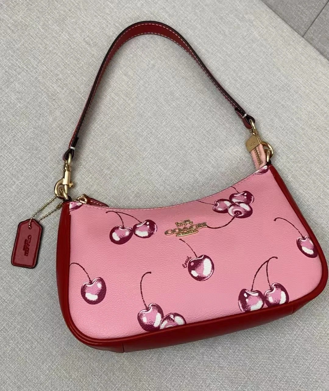 NWT Teri 2way Shoulder Bag Canvas Leather Cherry Print Pink CR290 New