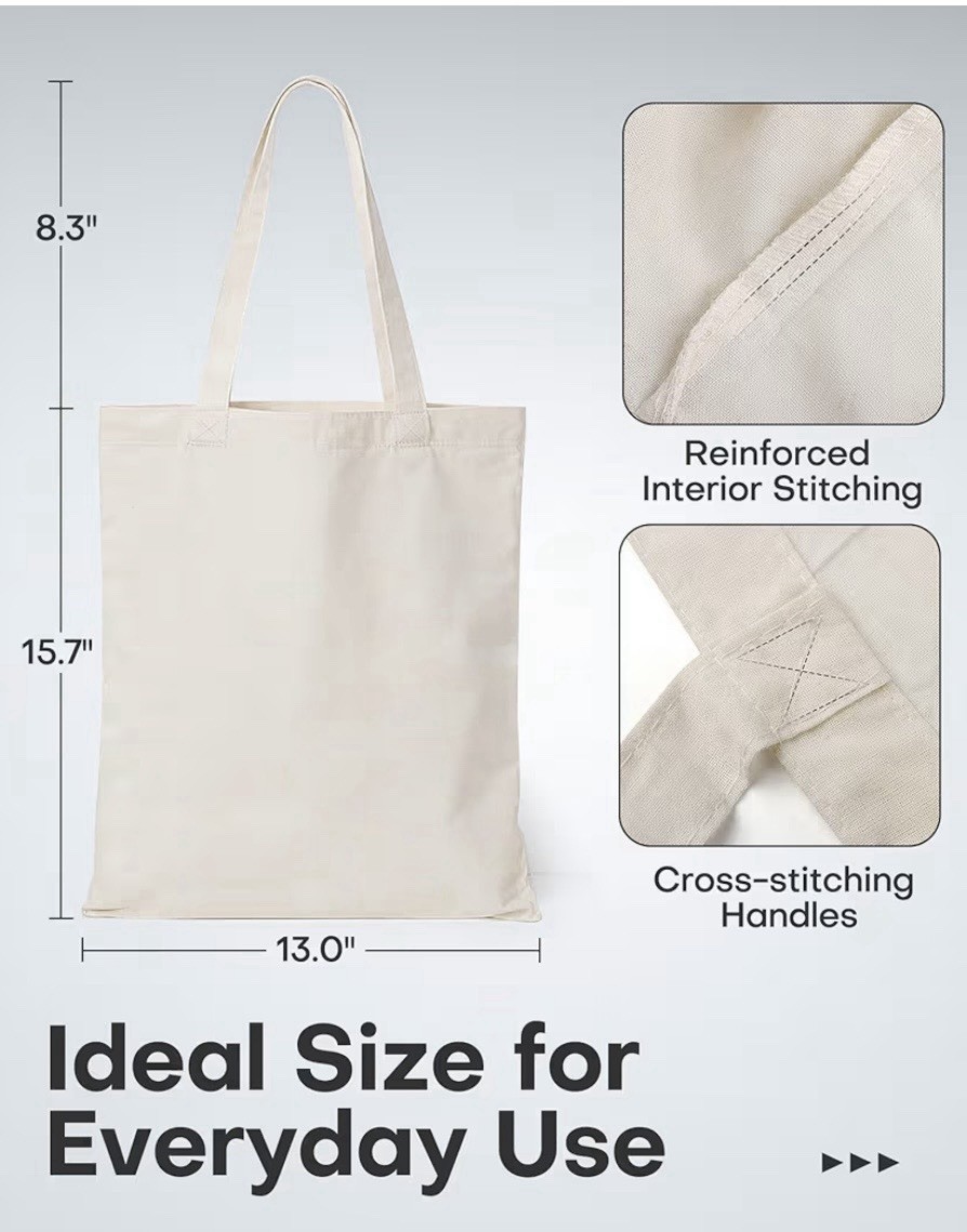 Canvas Reusable Shopping Tote Bag White Reinforced Handles 15.7x13x8.3 in