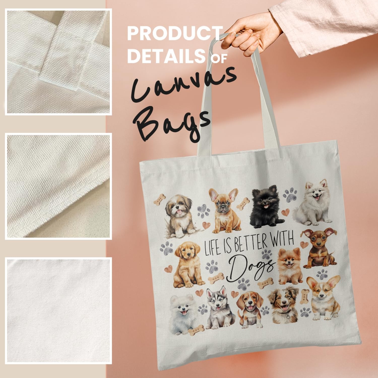Pet Dogs Canvas Tote Bag – Life Is Better With Dogs – Shoulder Bag for Shoppi…