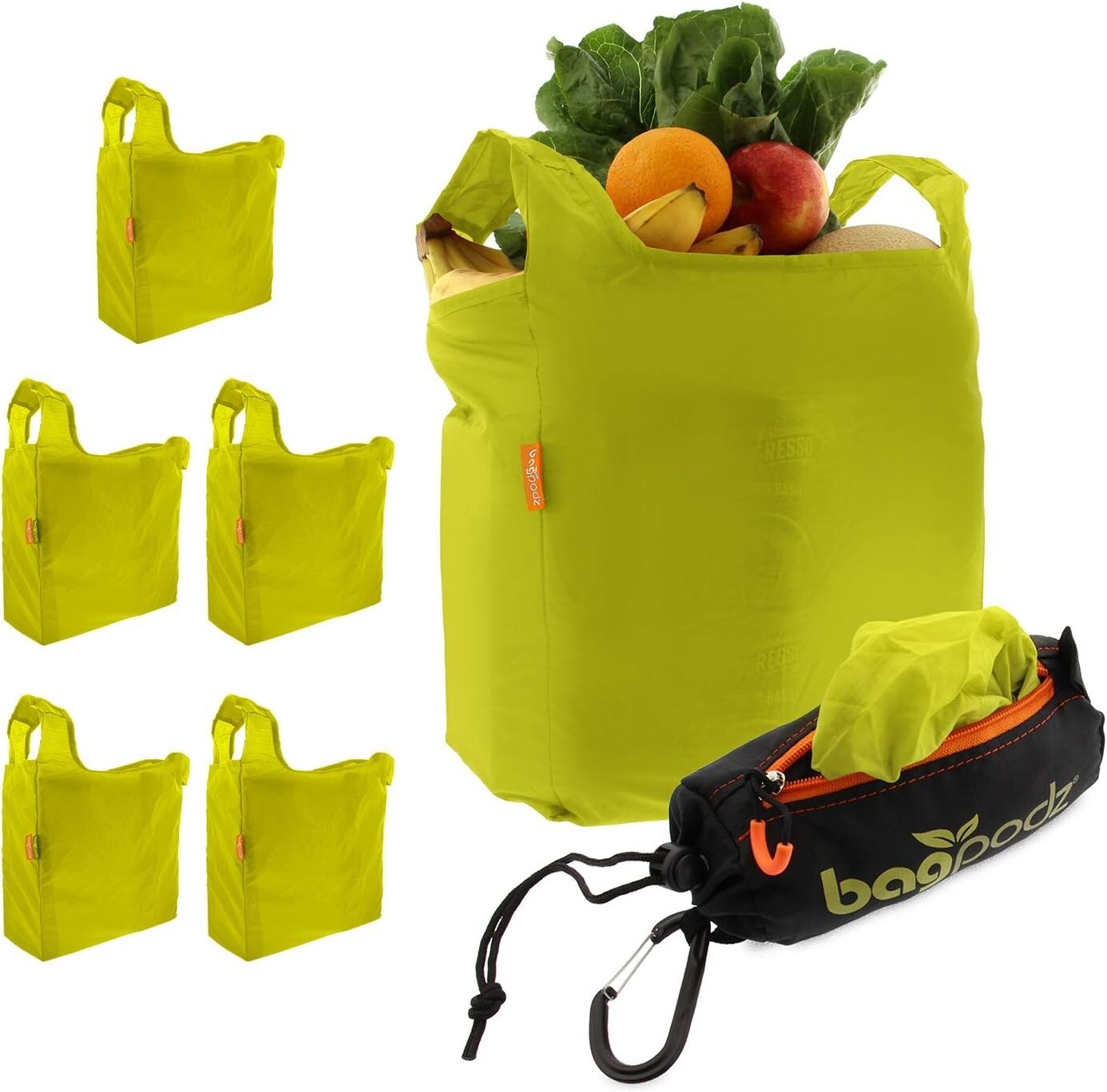 5-Pack Compact Washable Grocery Bags in Green – Clip-on RipStop Nylon Design