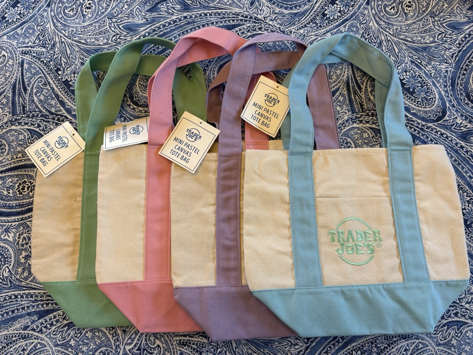 Trader Joes 4 Set Mini Pastel Canvas Tote Bag Blue Pink Purple Green