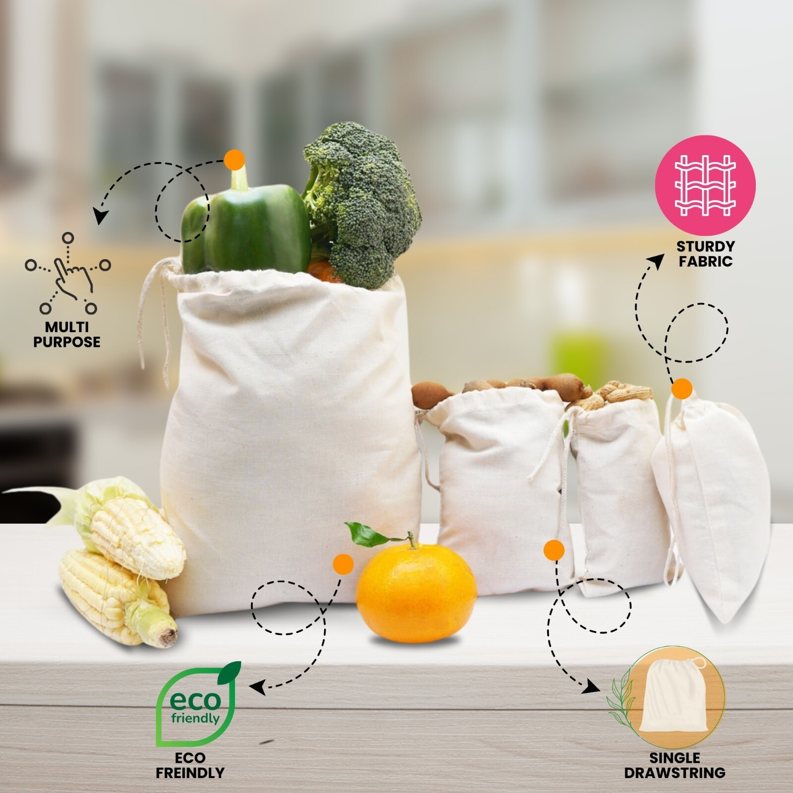 100% Cotton Reusable Produce Muslin Bags – Multipurpose Drawstring Storage Pouch