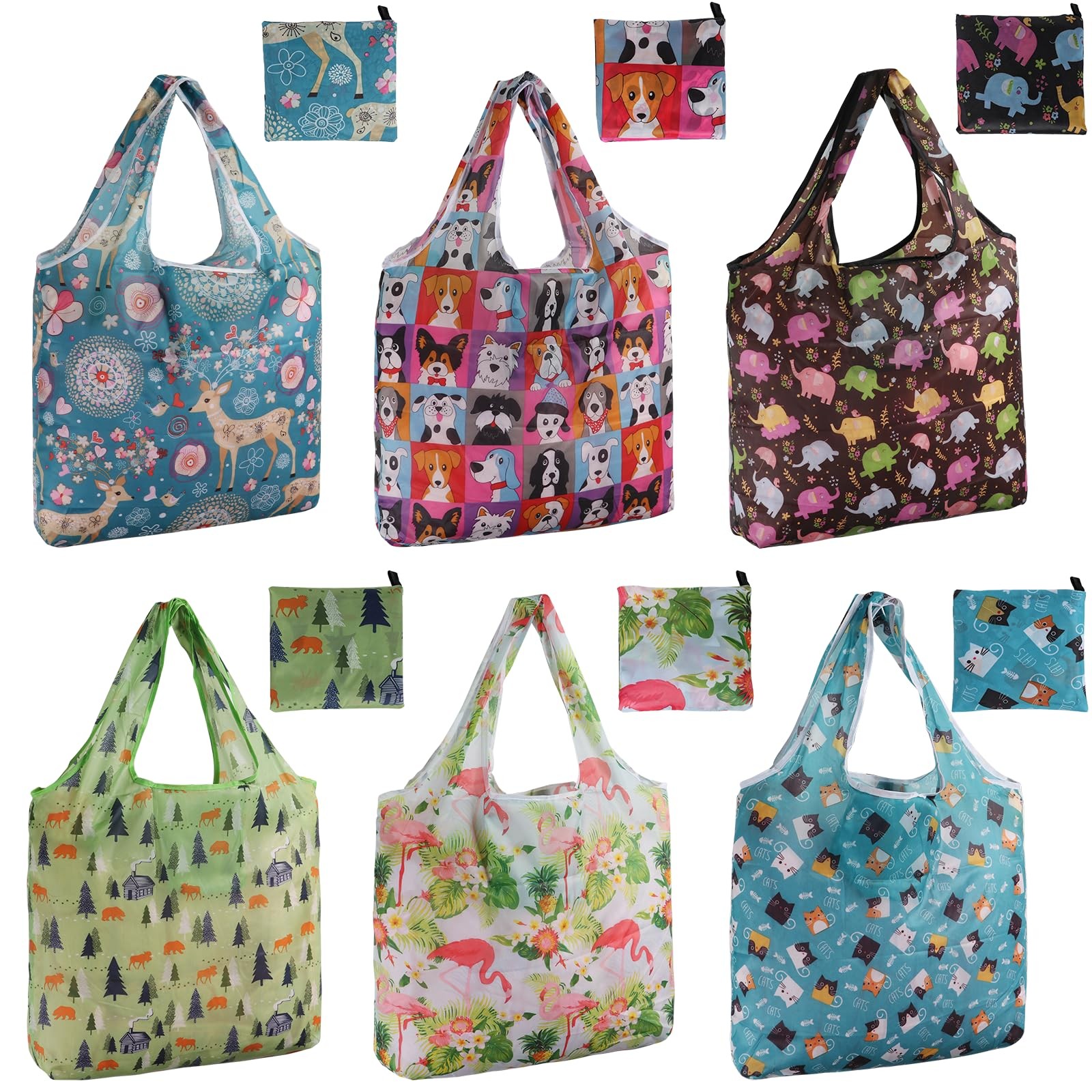 6 Pack Reusable Grocery Shopping Bags, Foldable Tote Bags in Pocket