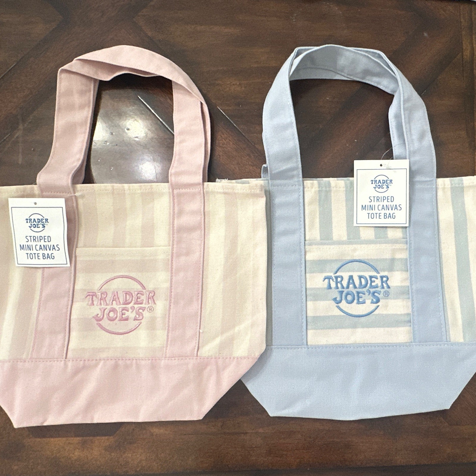 Trader Joe’s Striped Mini Canvas Tote Bag Tote Pink 13x6x10 in LxWxH