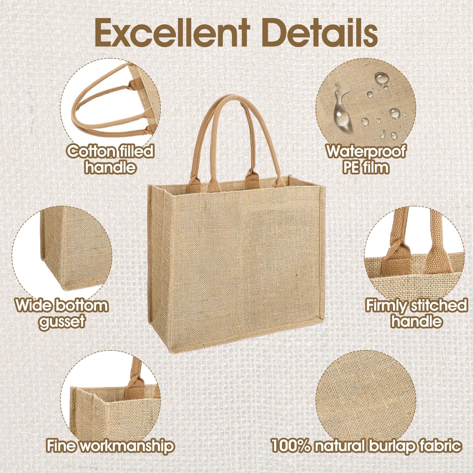 8 PCS Reusable Jute Tote Bags Handles 15.3×12.2×5.5 Inch Large Blank Burlap