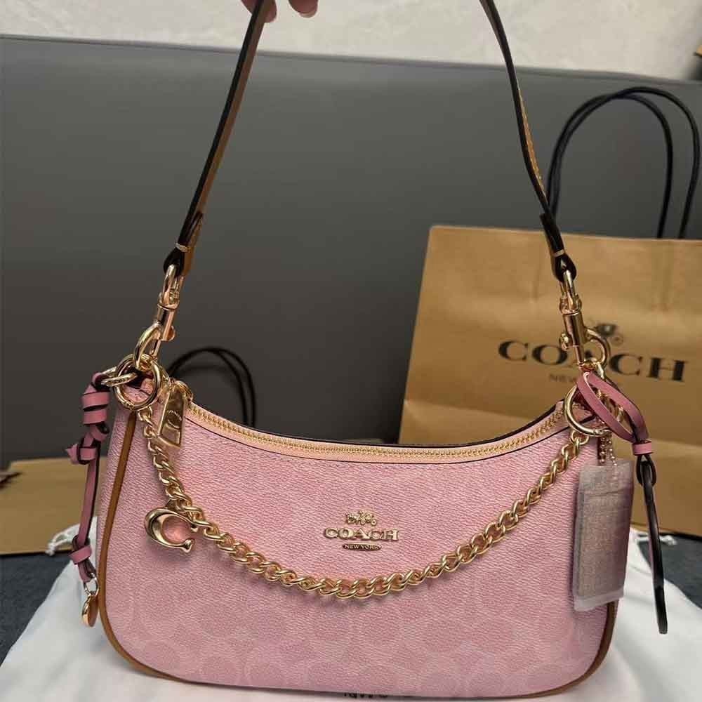 NWT Gold Powder Pink Teri Shoulder Bag Signature with Charms CEA20