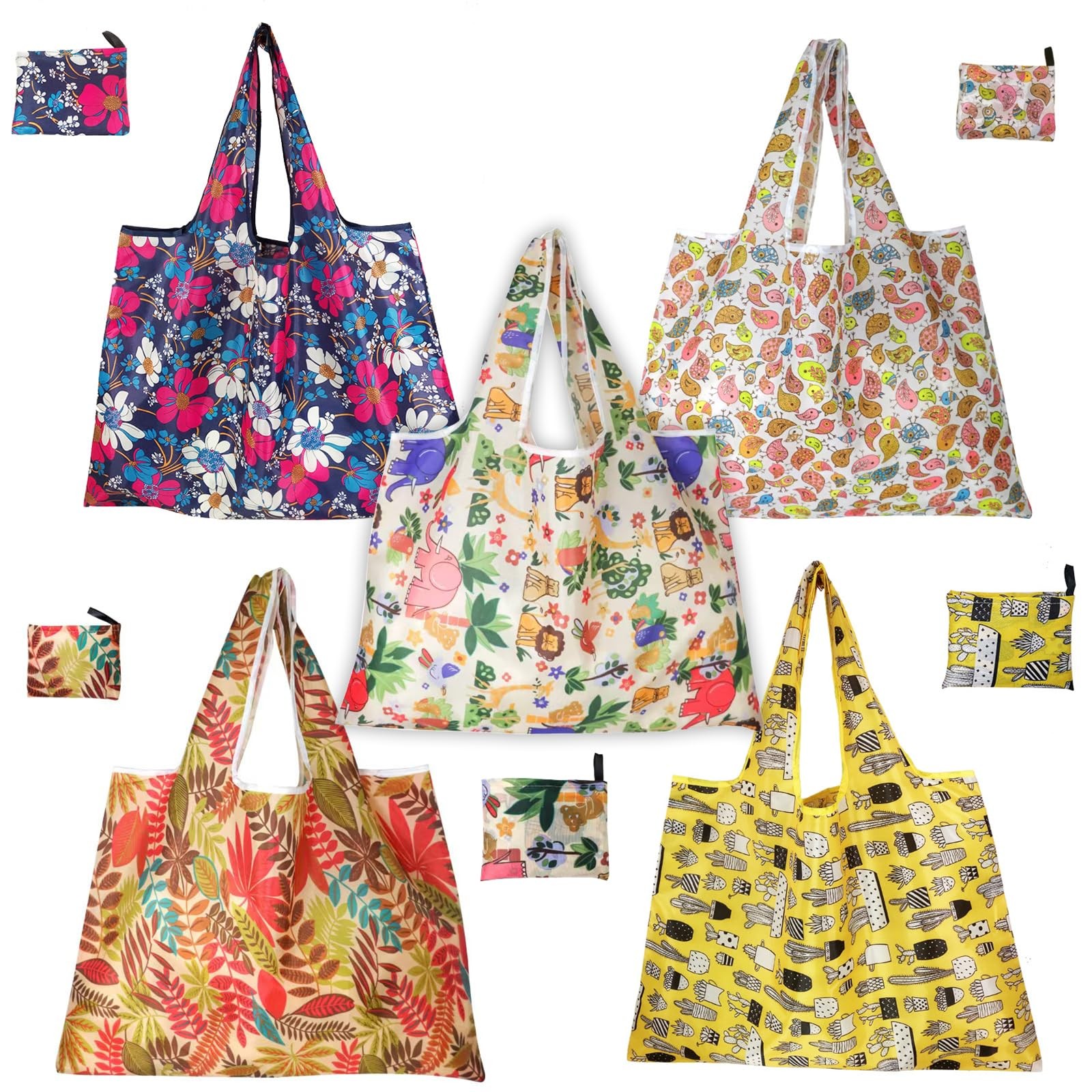 Reusable Shopping Bags 210D Nylon Waterproof Foldable Grocery Tote 5 PCS