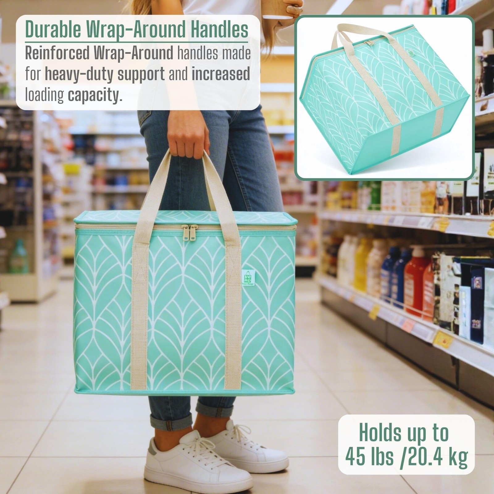 3 PCS Large Evergreen Insulated Cooler Reusable Grocery Shopping Bag Lid