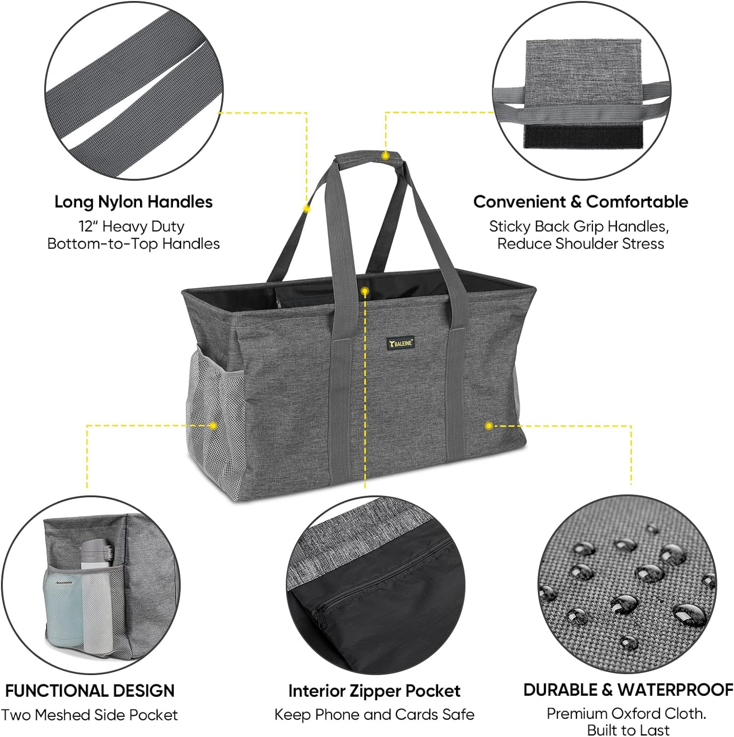 BALEINE Extra Large Utility Tote Bag with Wire Frame for Storage (Gray, 22”X12′