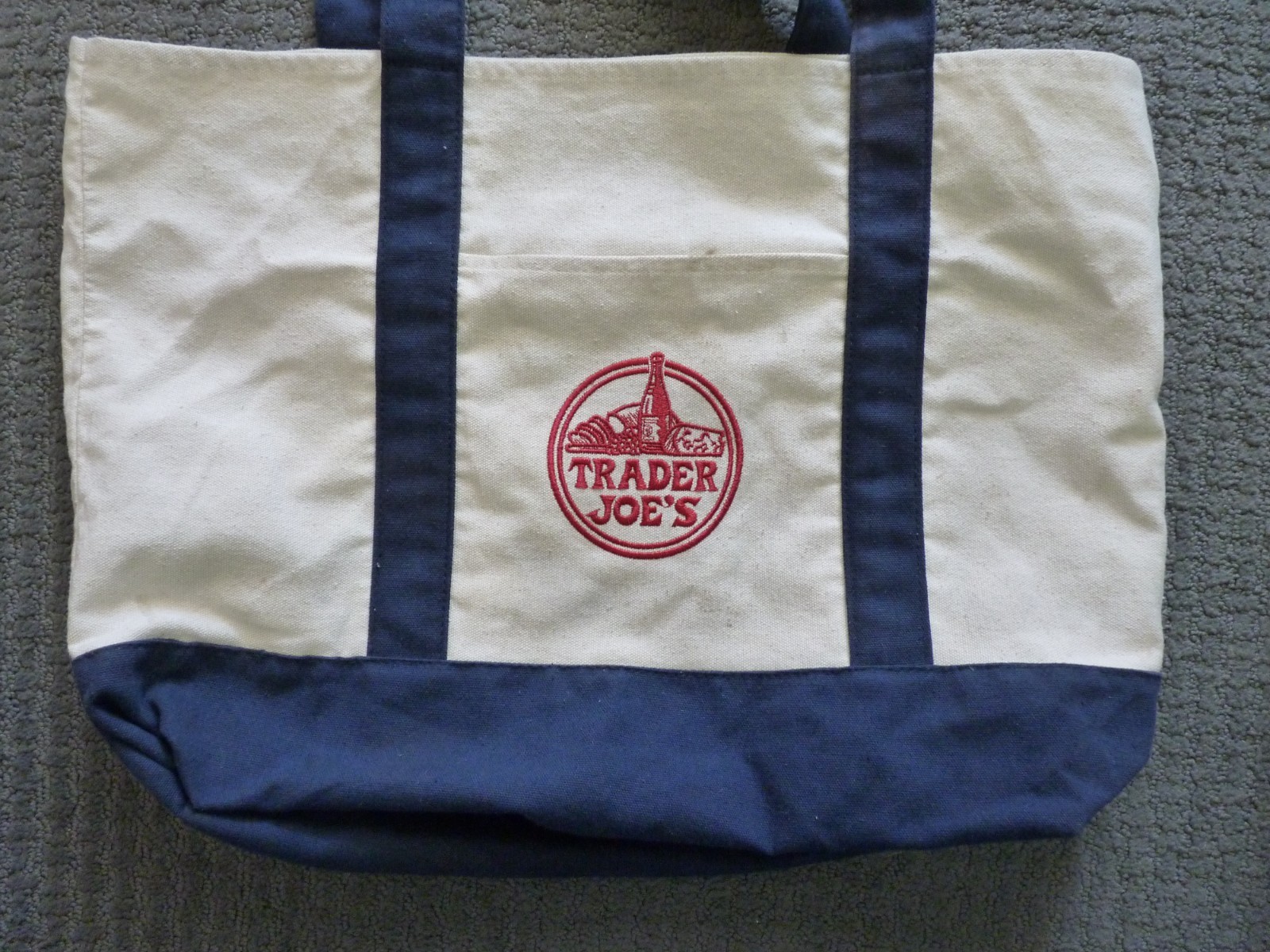 (2) Trader Joe’s Reusable Canvas Eco Tote Bag Blue White Red Logo