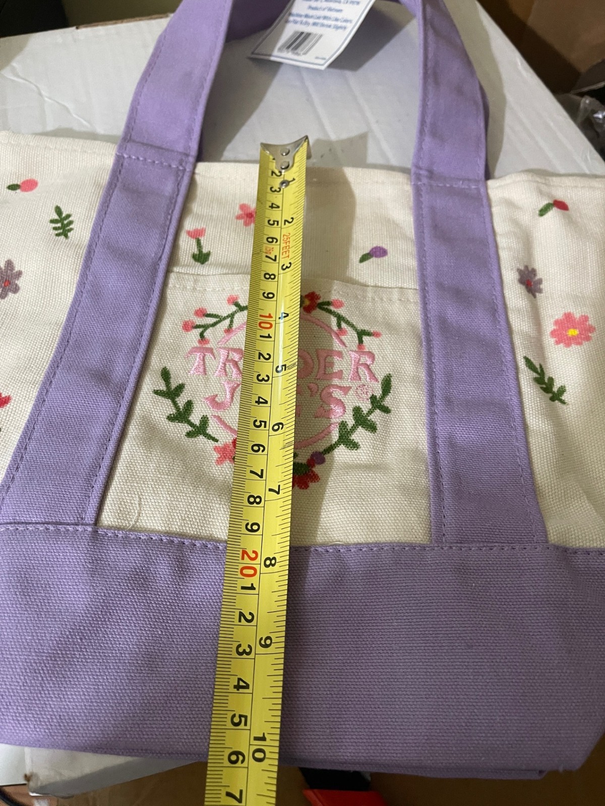 Flowery Hand Drawn w/NAME Trader Joe’s Mini LAVENDER Canvas Tote Bag 13″Wx10″L(S