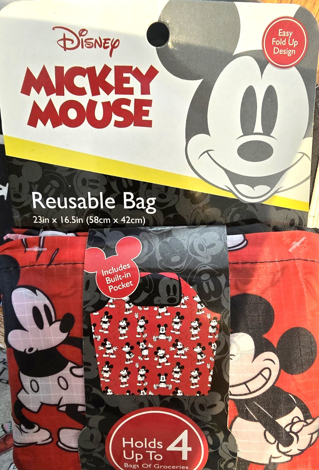 NEW Disney Mickey Mouse Reusable Bag XL Built In Pocket Foldable 23×16.5
