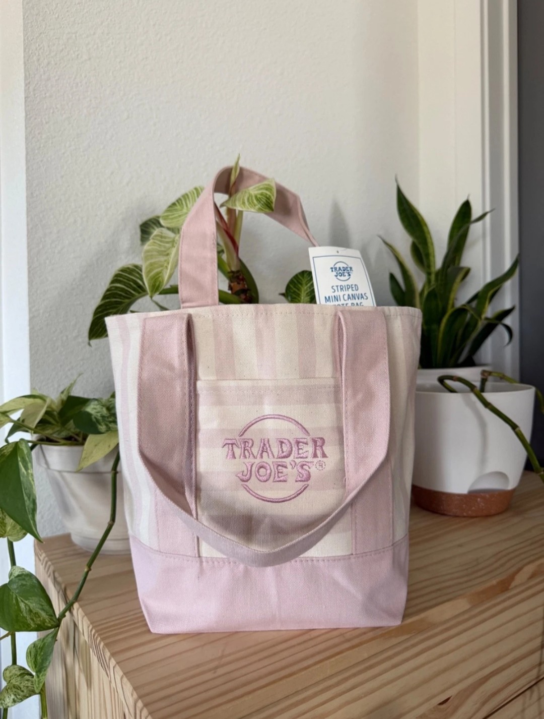 Trader Joe’s Striped Mini Canvas Tote Bag, Pink/White, Cotton/Polyester