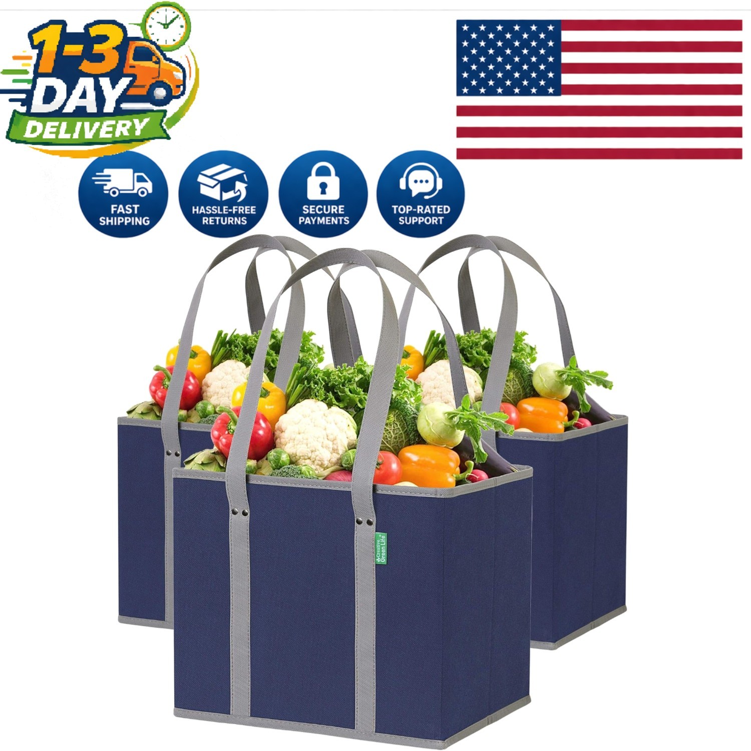 Extra Large Foldable Tote Bags – 3 Pack Navy Blue, Sturdy & Easy to Clean