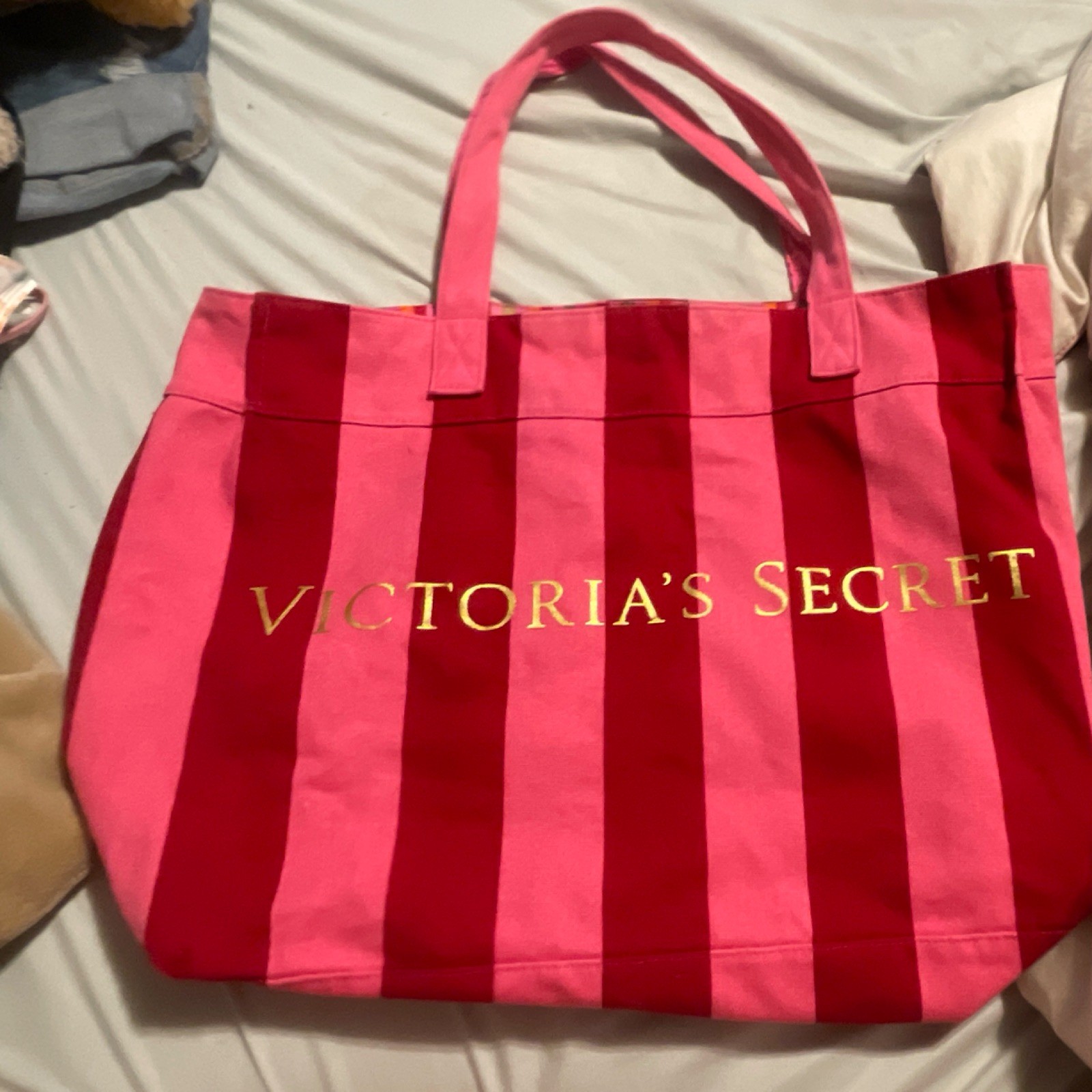 Victoria’s Secret Pink/Red Striped Tote Reusable Shopping Bag Double Handles