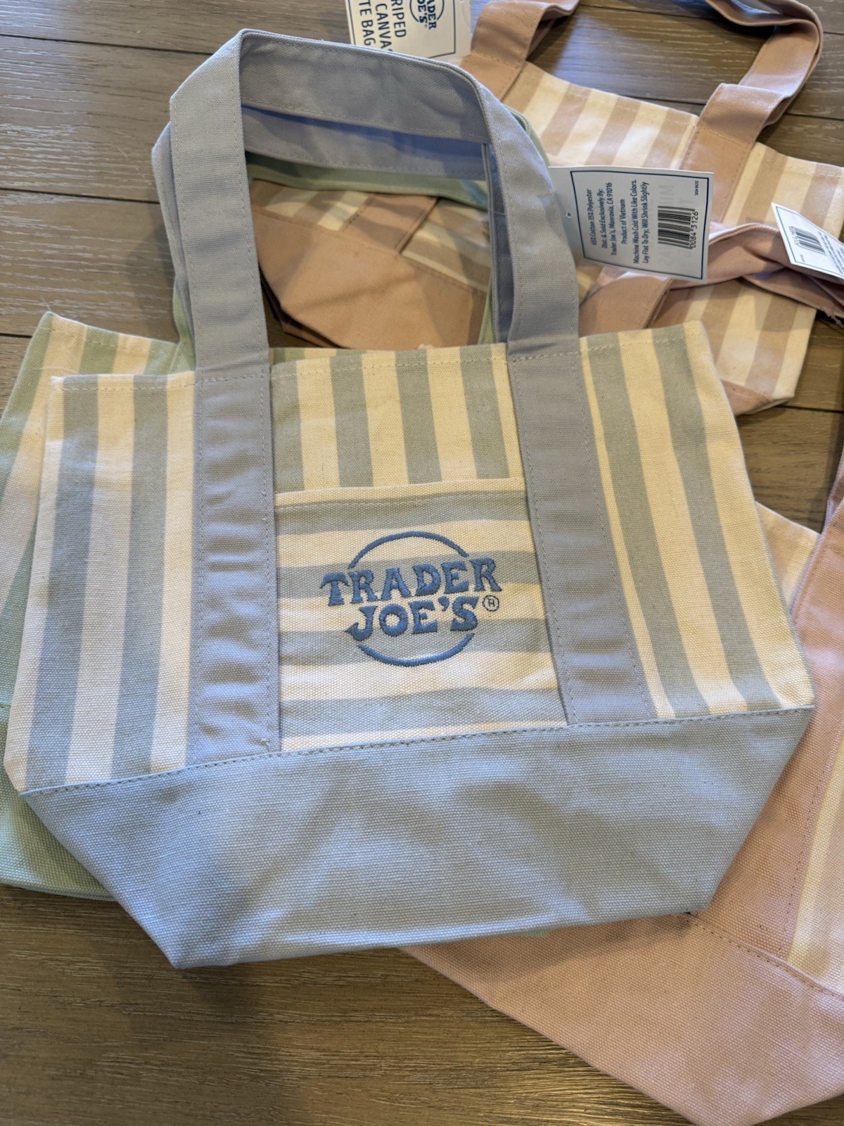 Set of 4 Trader Joe’s Striped Mini Canvas Tote Bag in pink, blue , green, taupe