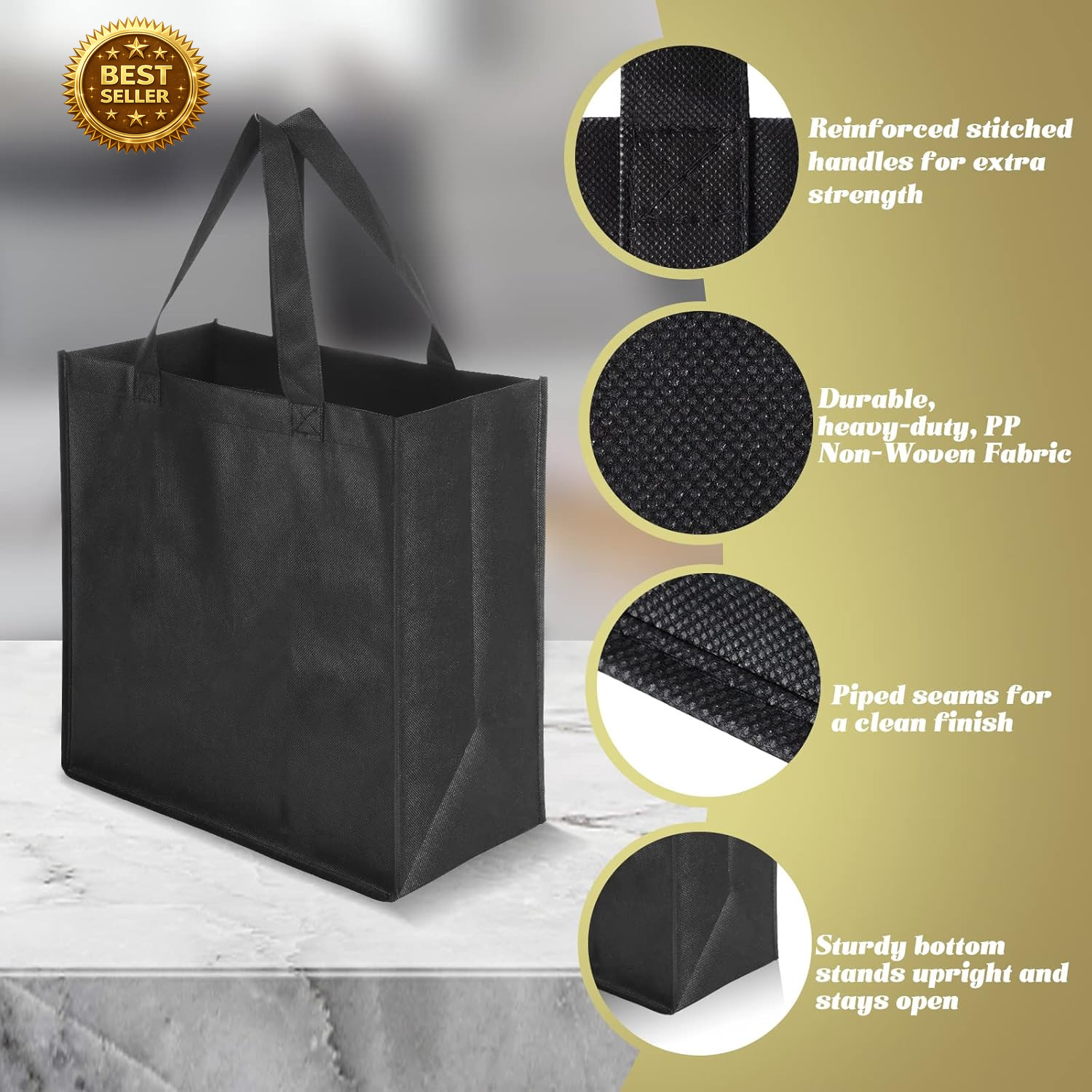 50 Pack Reusable Non Woven Tote Bags Bulk Grocery Shopping Bags Black