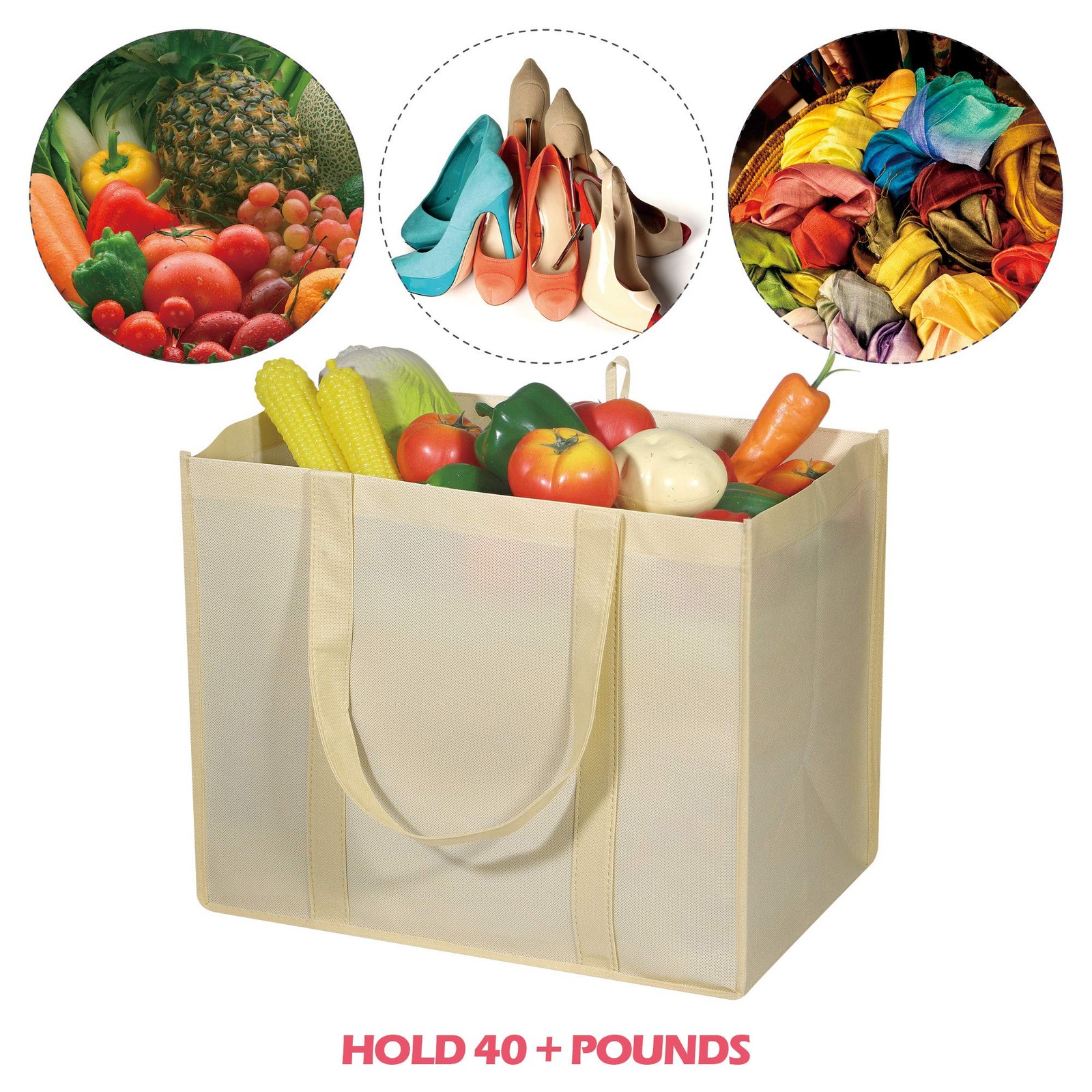 10 PCS Reusable Grocery Bags Extra Large Heavy Duty Shopping Tote Beige