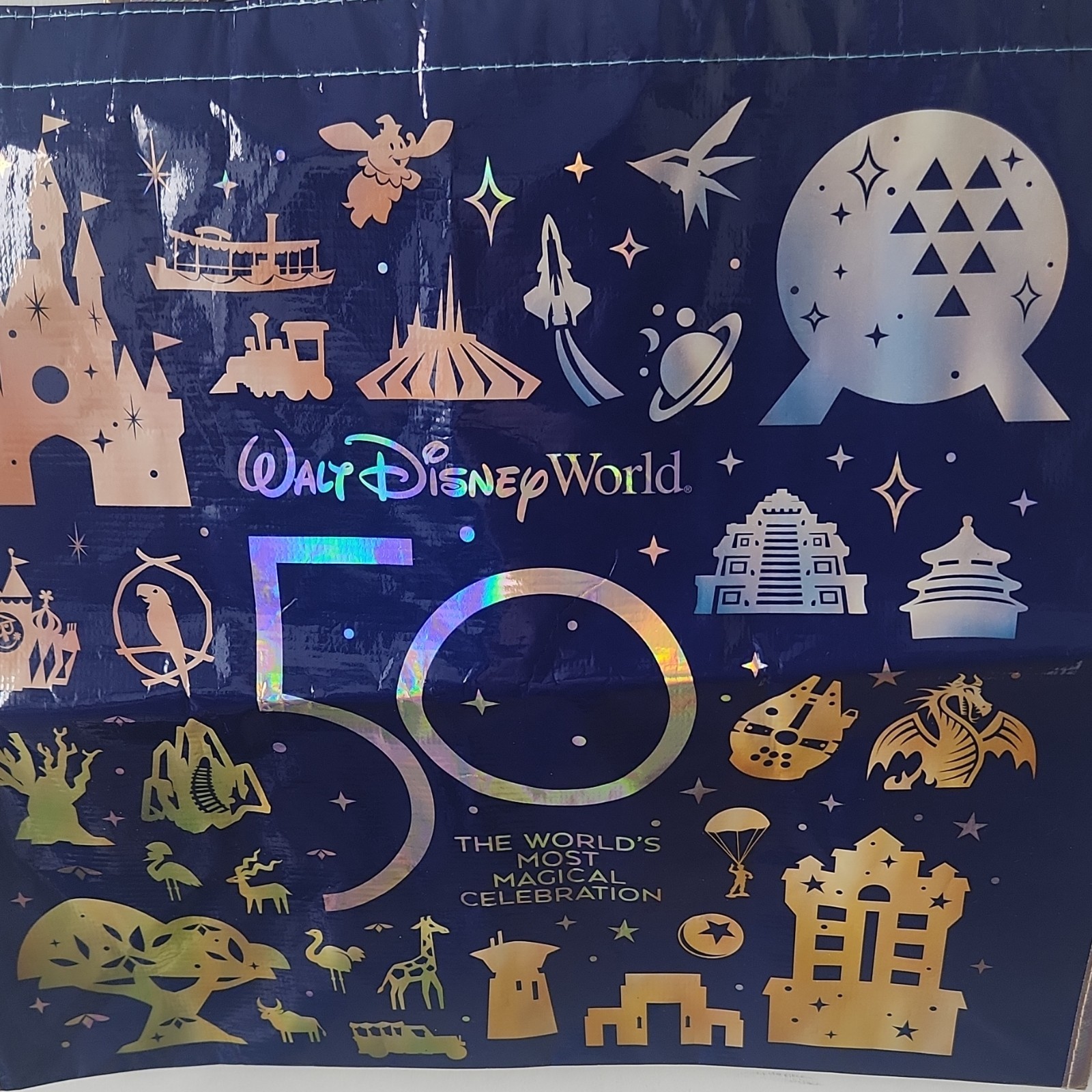 Walt Disney World Foldable Reusable Shopping Bag Blue Gold All-Over Pattern