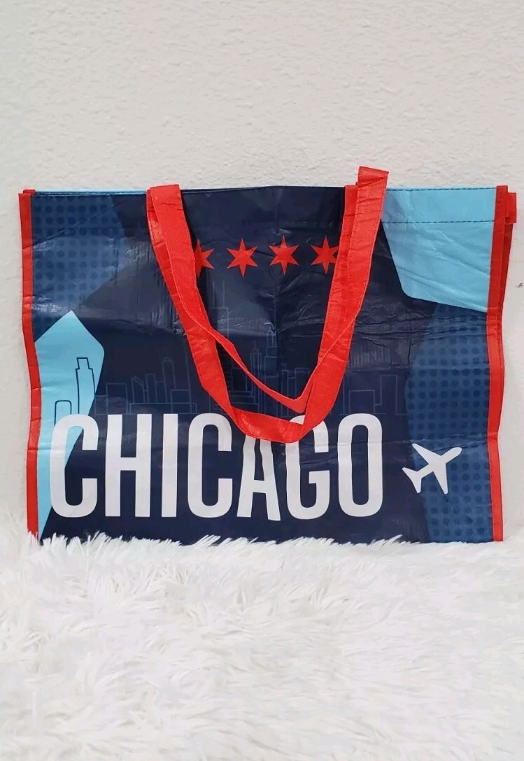 Chicago Reusable Shopping Bag – 12″x16″x5.5″ Red White Blue Airport Travel Tote