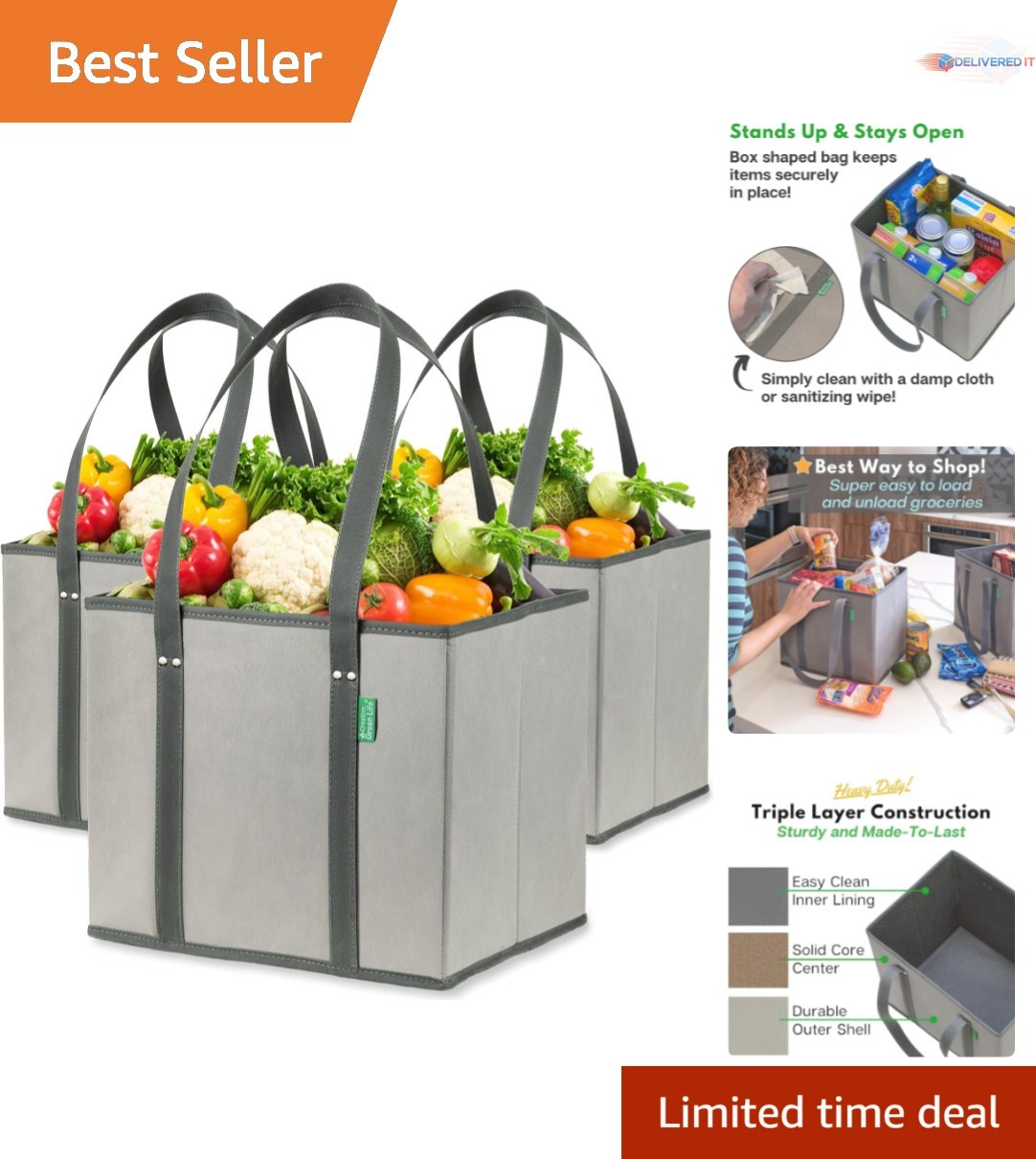 Reusable Grocery Bags 3 Pack Large Tote Heavy Duty Stand Up Fold Flat Gray
