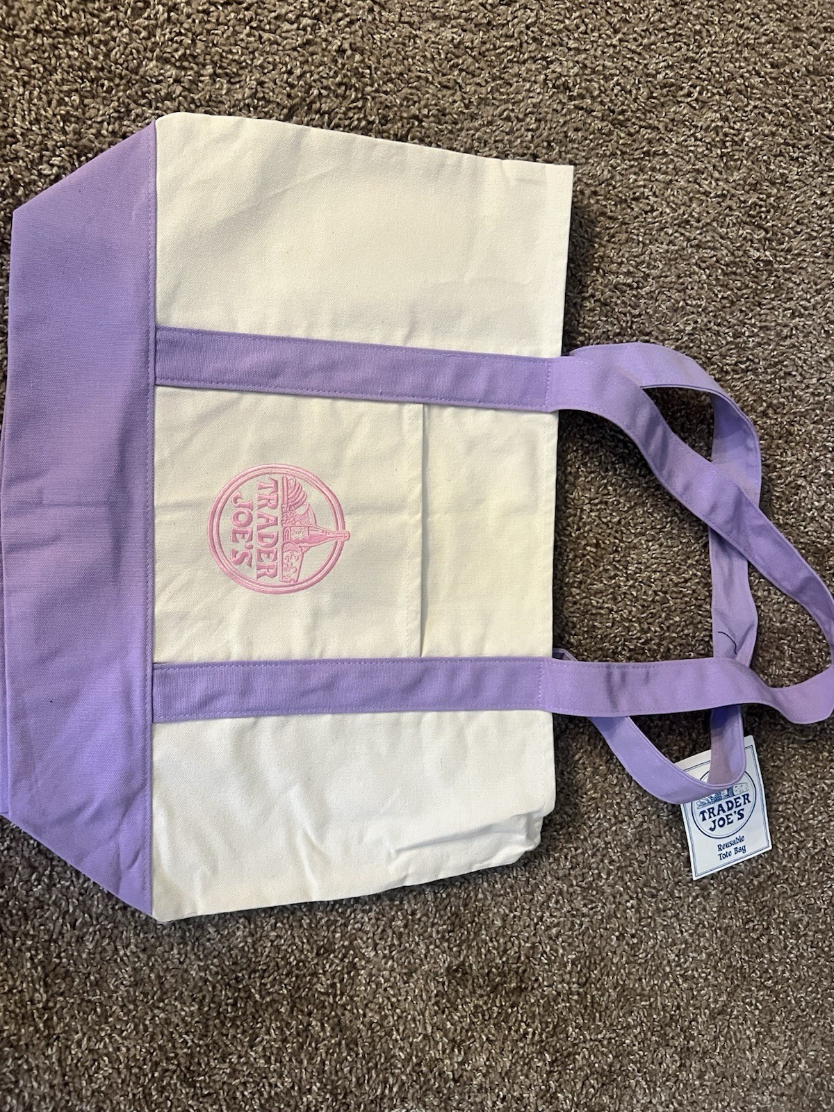 Trader Joe’s Reusable Foldable Canvas Shopping Bag Purple Beige Colour Block