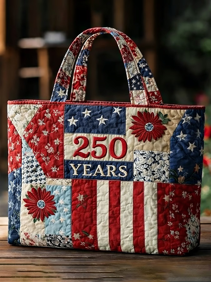 250 Years USA Quilted Tote Bag 4th of July Patriotic Embroidered Floral Tote