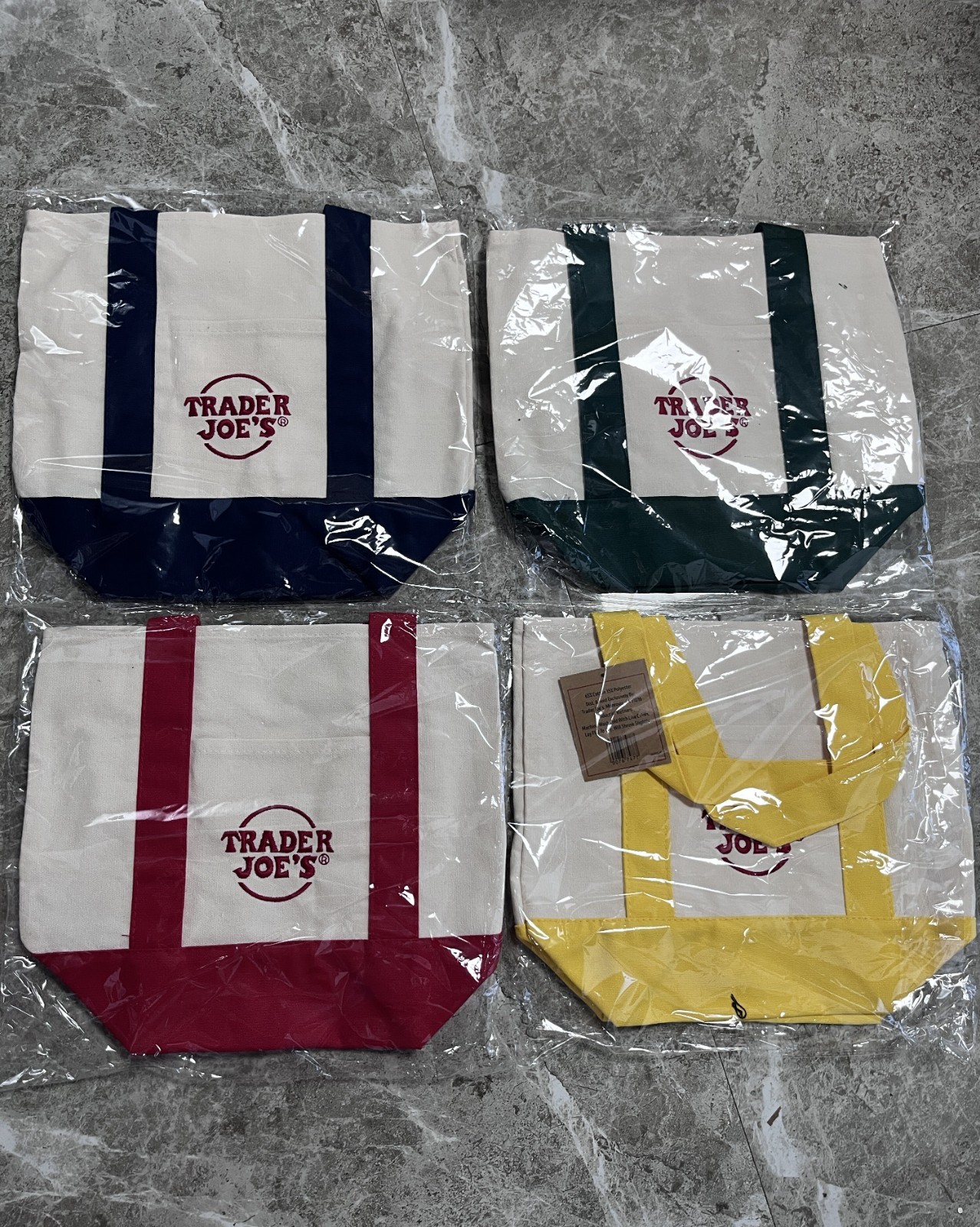 NEW 4X TRADER JOE’S PASTEL CANVAS TOTE BAG, RED Blue Green YELLOW 4 BAGS SET