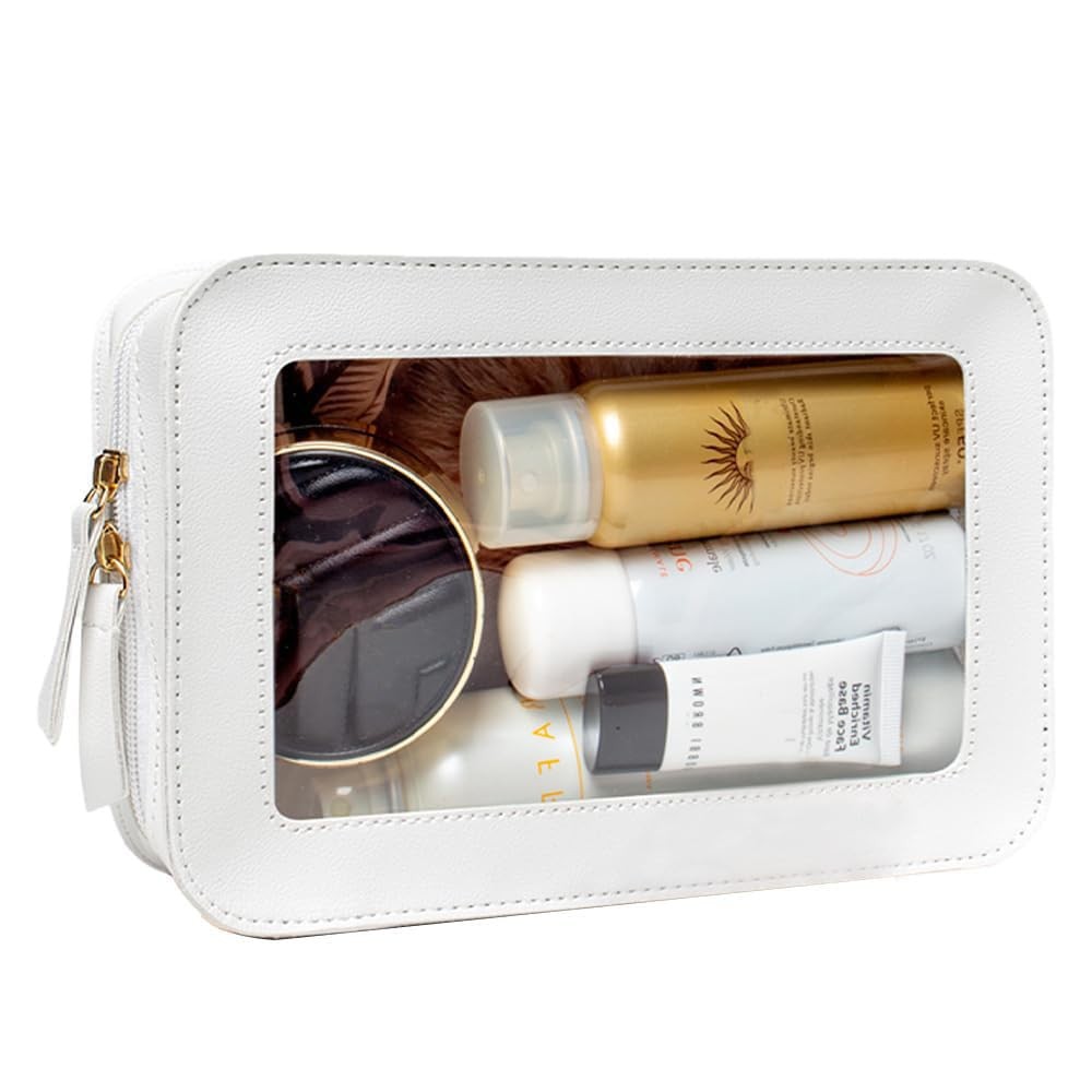 Clear Makeup Bag Small, TSA Approved Portable Toiletry with White C
