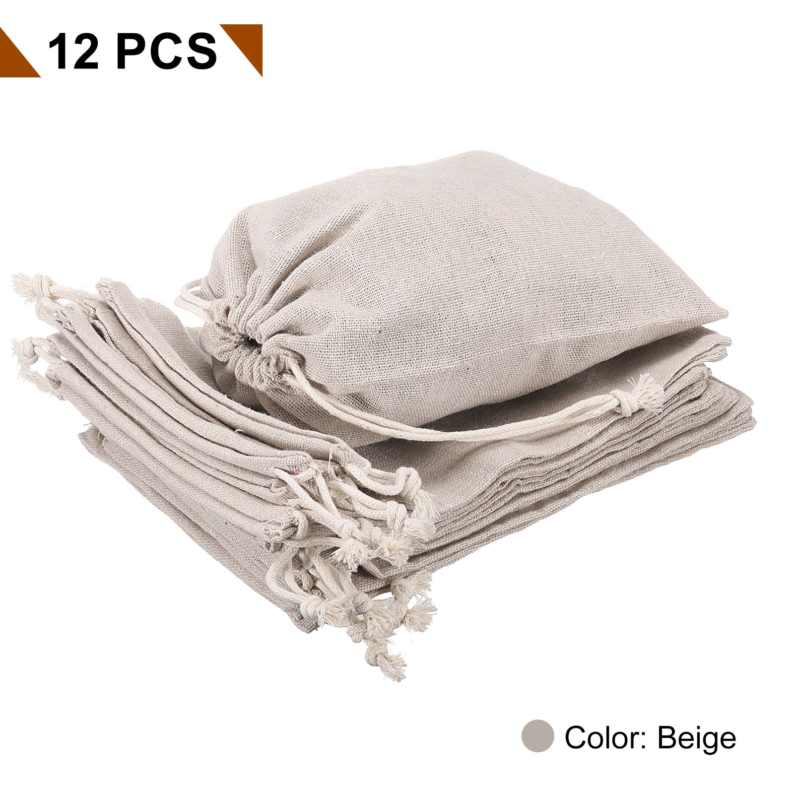 12pcs Cotton Storage Bags 5.9″ x 7.9″ Canvas Drawstring Bag, Beige