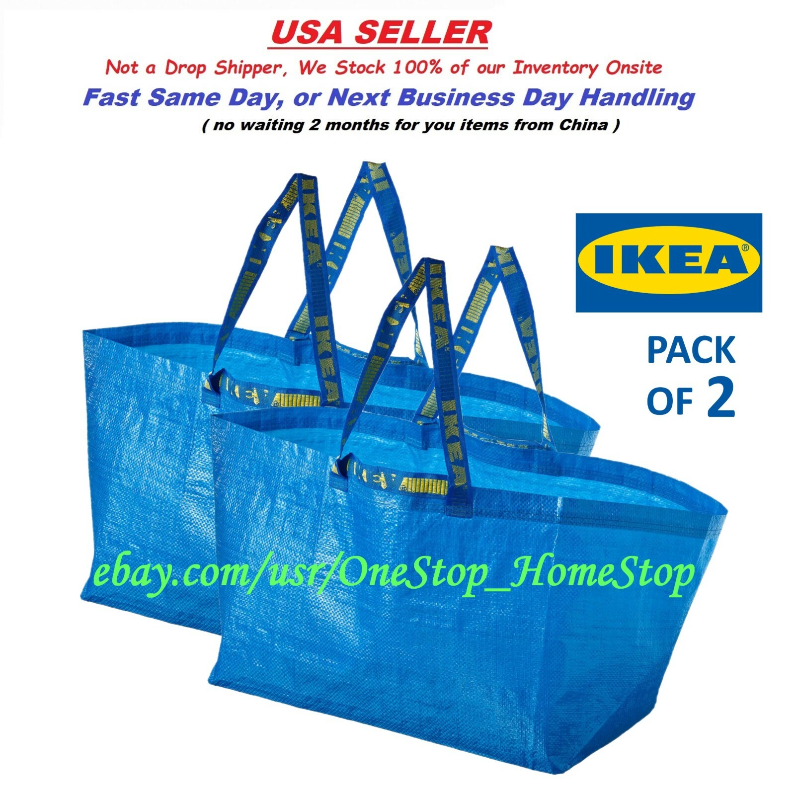 Qty 2 IKEA Large Blue Bags, 19 gallon, Shopping Laundry Grocery Bag Durable