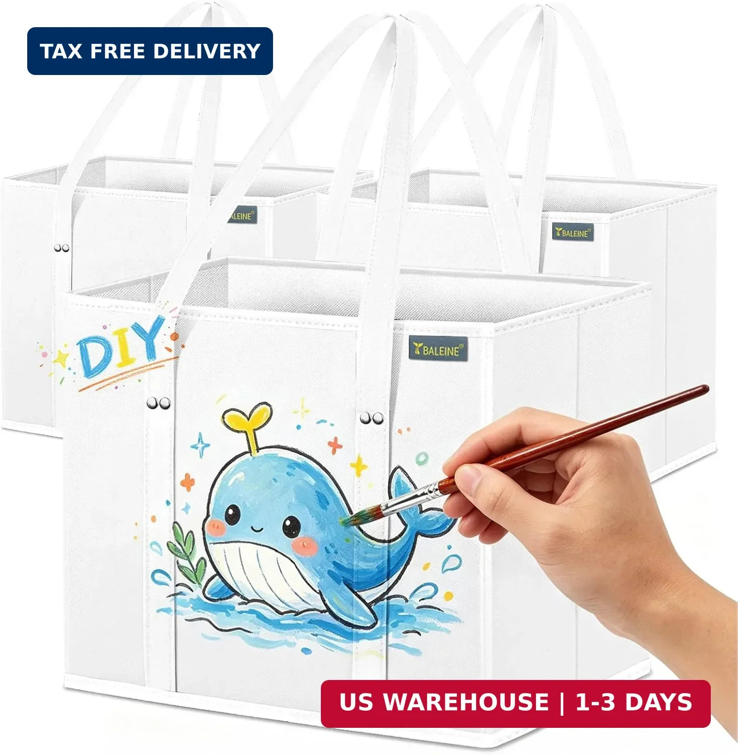 BALEINE 3Pk Reusable Grocery Bags, Foldable Shopping Bags for Groceries with Rei
